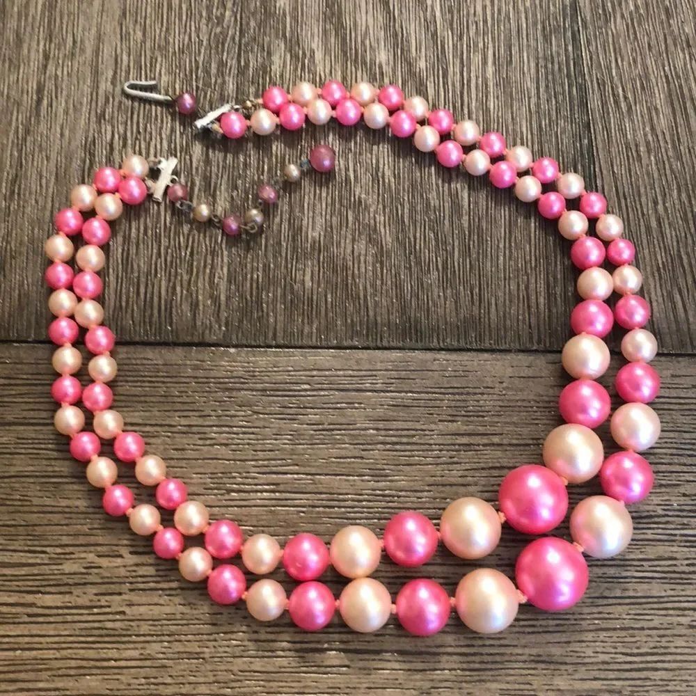 Vintage Double Stand Faux Pearls Pink & Cream Made in Japan